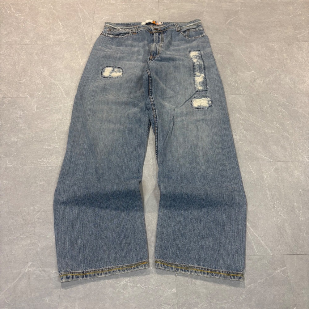 Indigo Red Mens Baggy Distressed Jeans Light Wash Blue Y2K Wide Leg Size 36x32